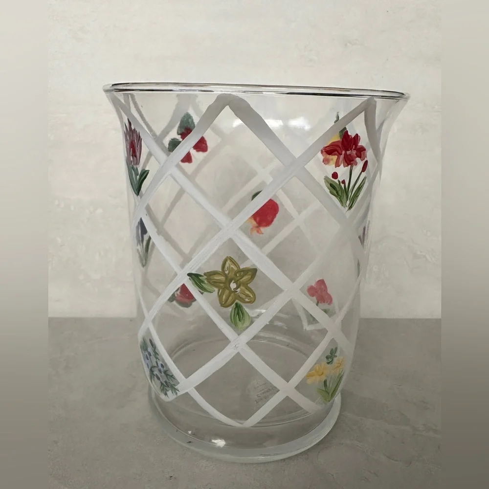 White Barn Candle Co Glass Flowers Fruit Painted Large Jar Holder 7.5” Tall New